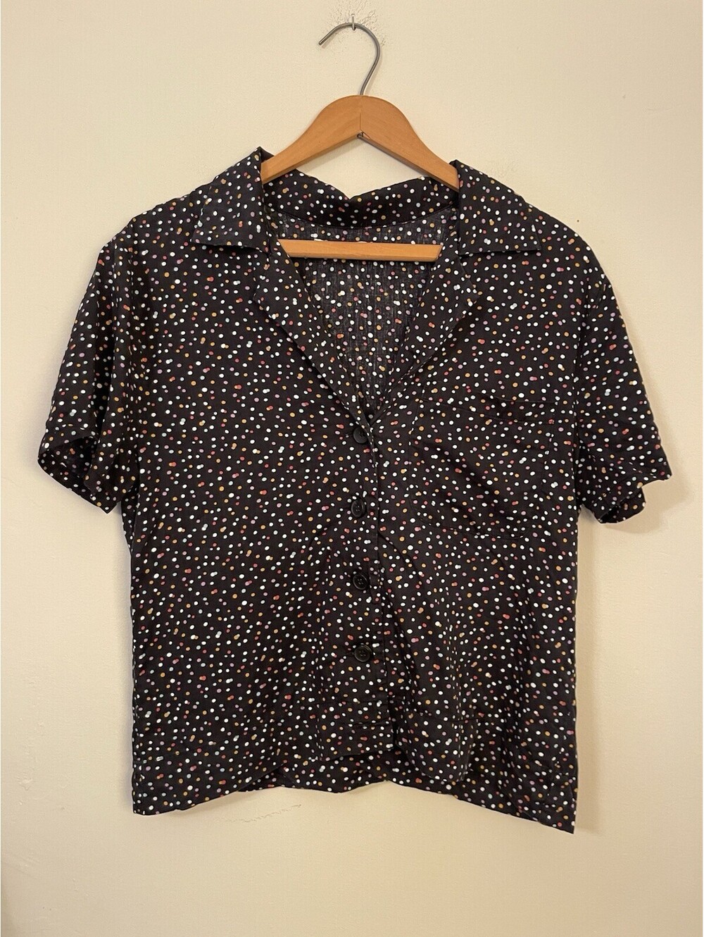 Reformation Polka Dot Top Blouse Black Button Up Short Sleeve Small S Collar